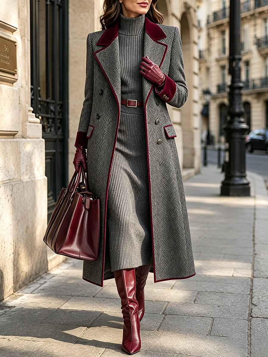 Hiltje - Manteau long femme à double boutonnage et finitions contrastantes