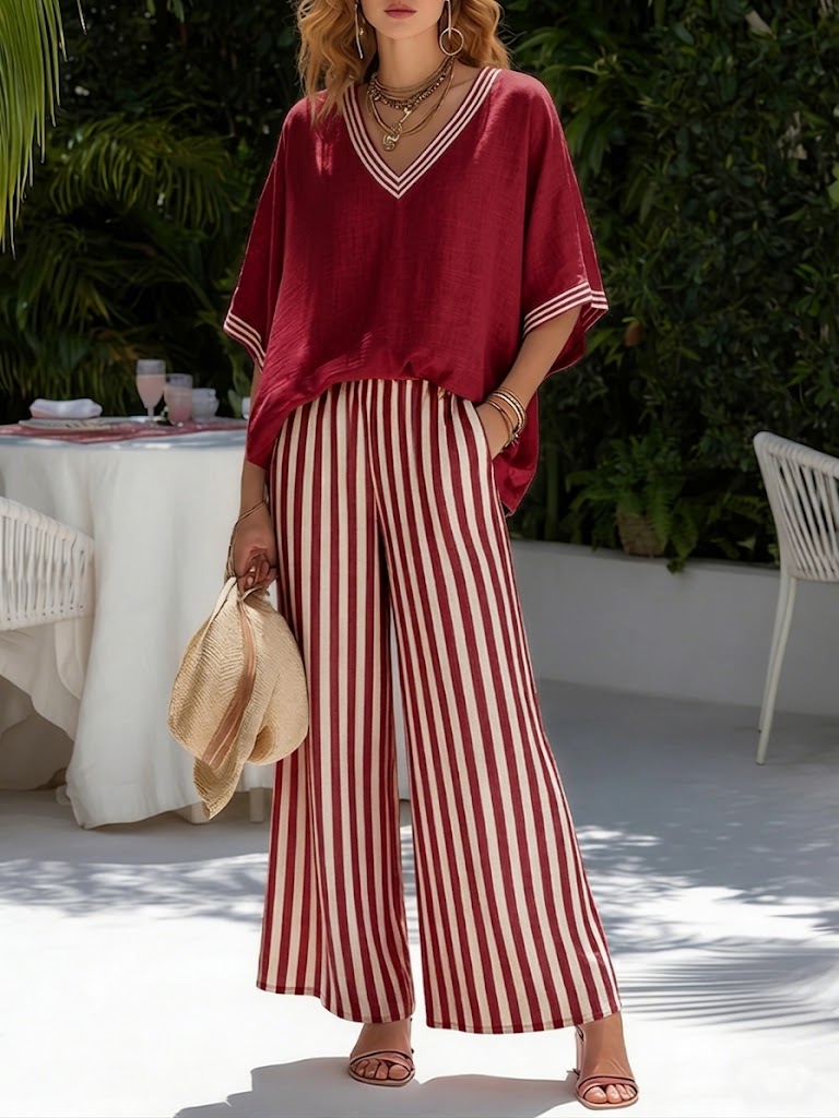 Gorixa™ - Ensemble Femme Lin Coton Rayé Coupe Large Style Estival Élégant