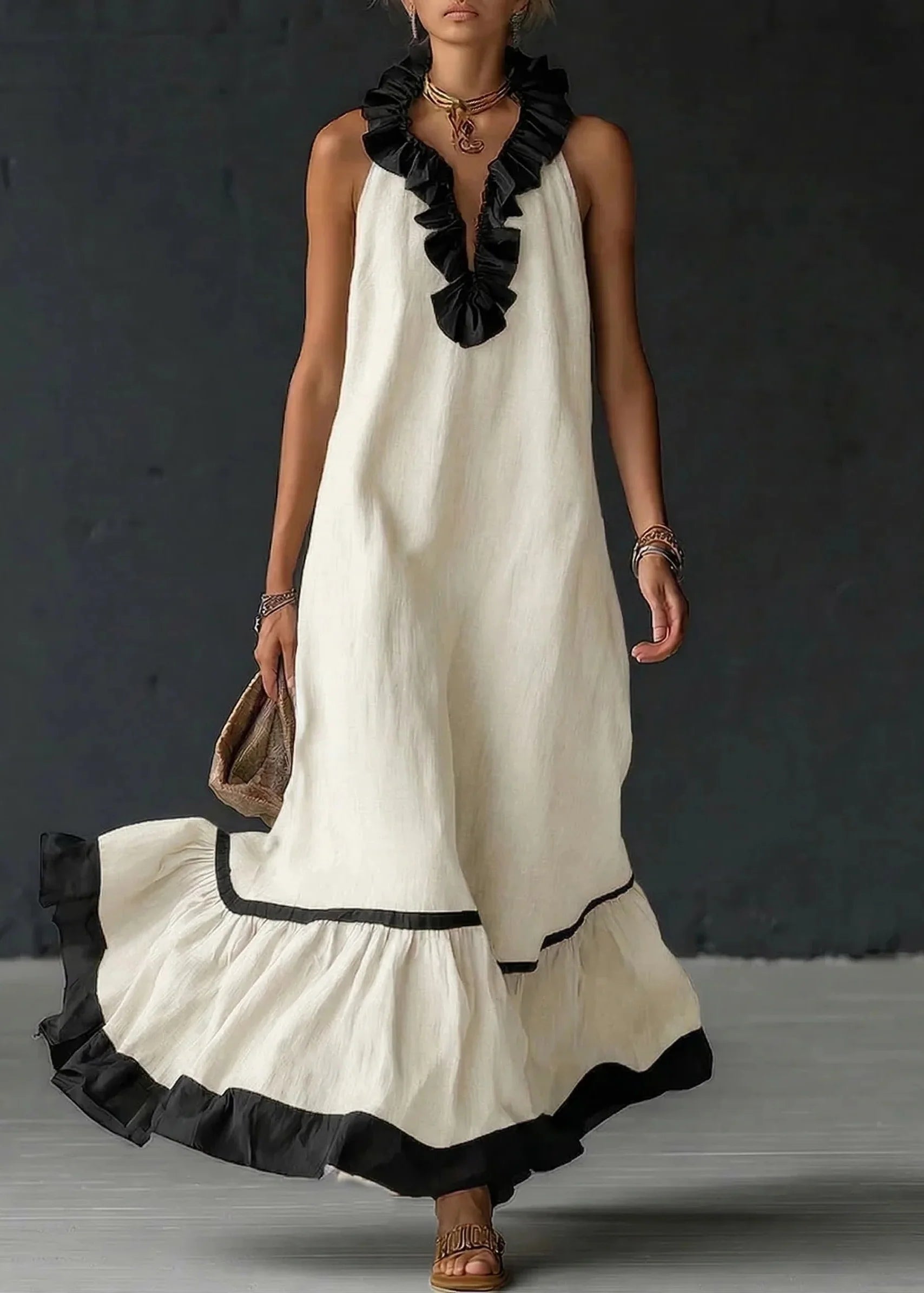 Gracelyn - Robe longue femme fluide avec volants contrastés