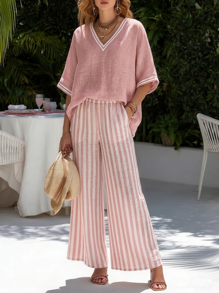 Gorixa™ - Ensemble Femme Lin Coton Rayé Coupe Large Style Estival Élégant