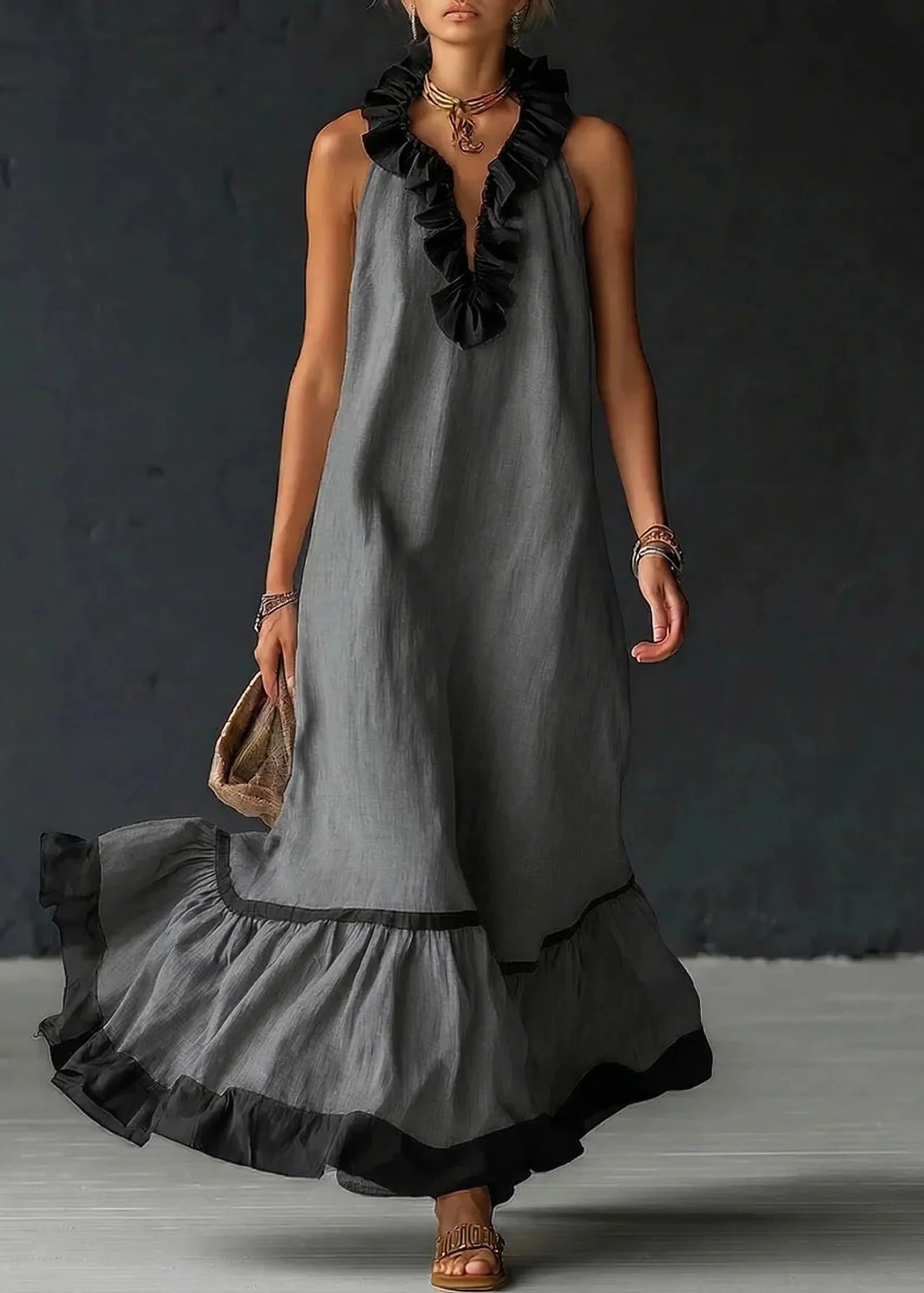 Gracelyn - Robe longue femme fluide avec volants contrastés