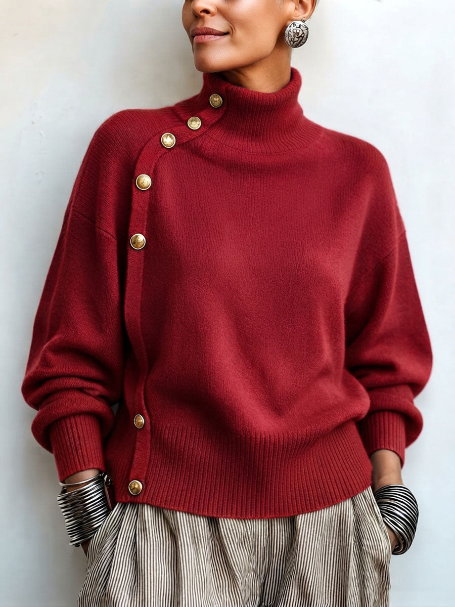Willemijn - Pull femme à col roulé asymétrique avec boutons dorés
