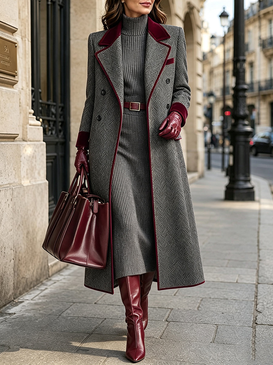 Hiltje - Manteau long femme à double boutonnage et finitions contrastantes