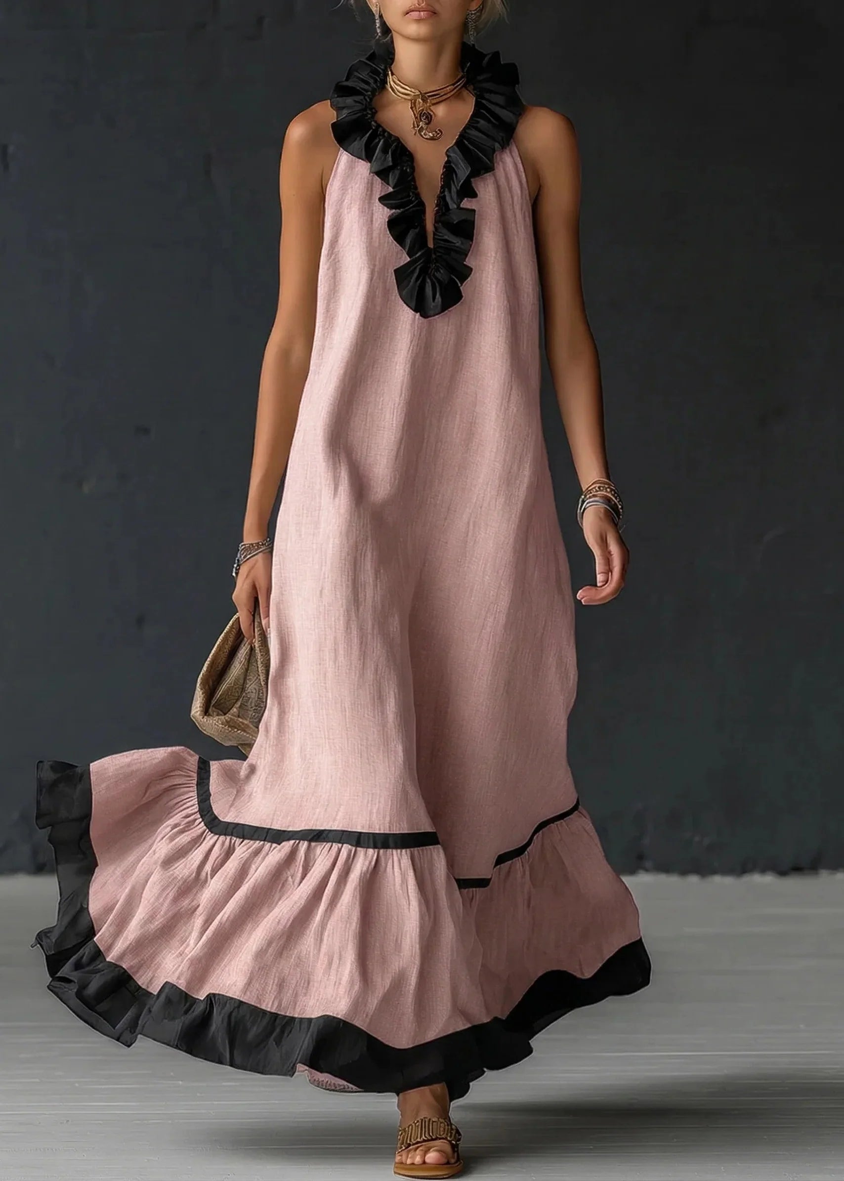 Gracelyn - Robe longue femme fluide avec volants contrastés