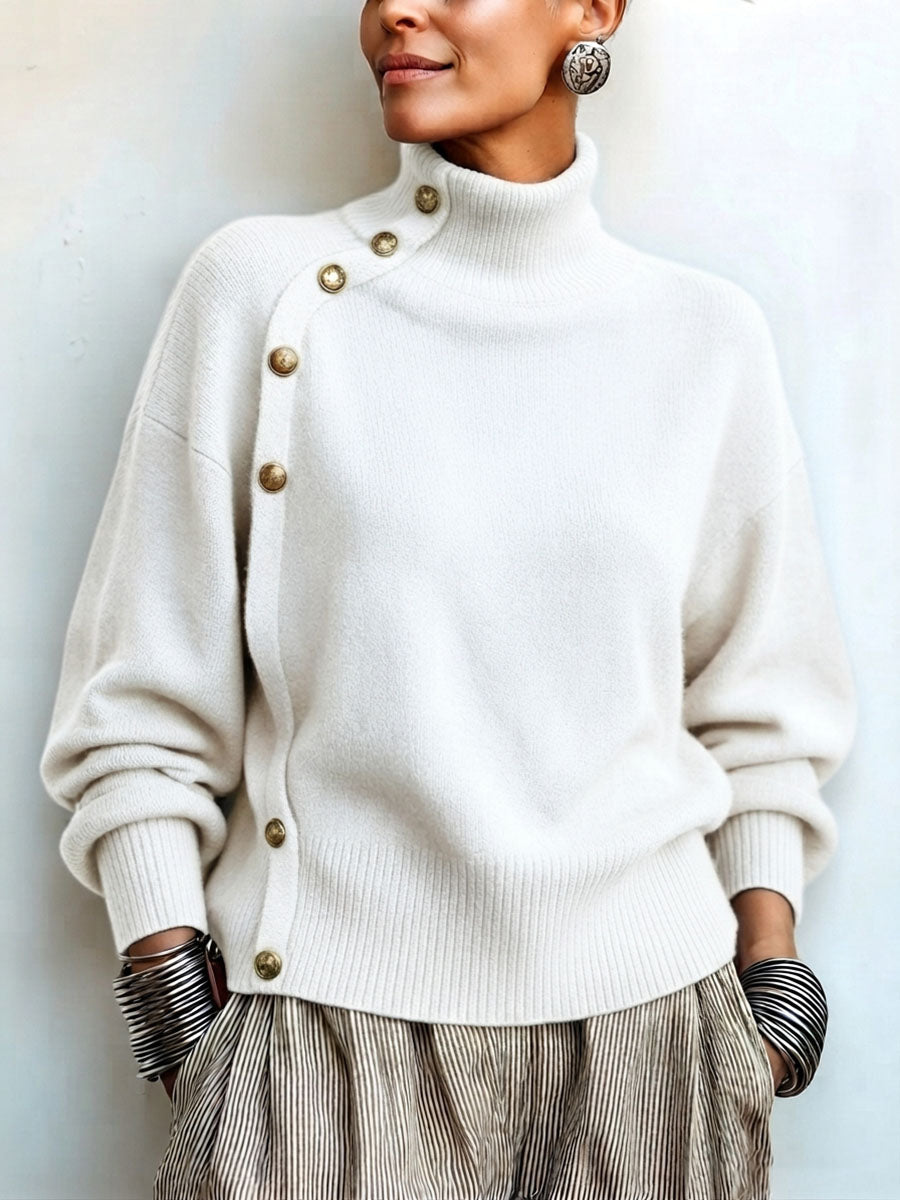 Willemijn - Pull femme à col roulé asymétrique avec boutons dorés
