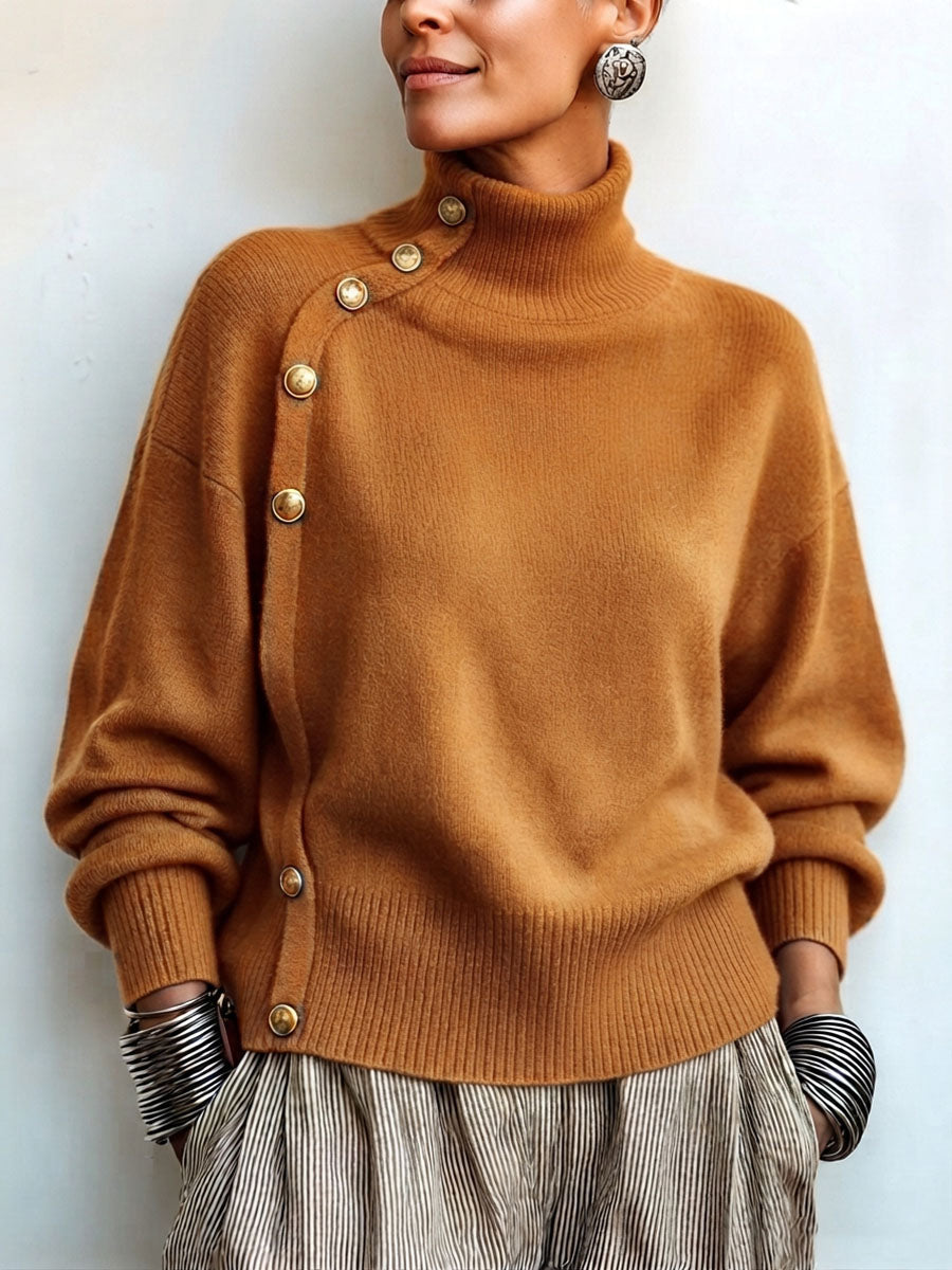 Willemijn - Pull femme à col roulé asymétrique avec boutons dorés