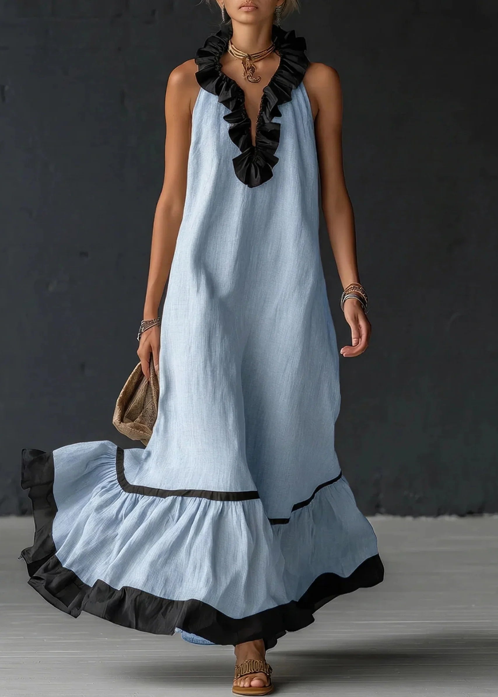 Gracelyn - Robe longue femme fluide avec volants contrastés