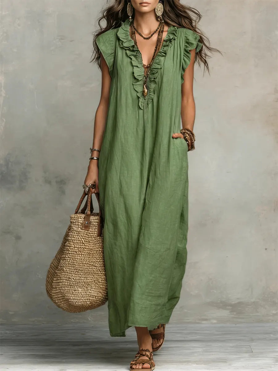 Izzellea™ - Robe Femme Longue Bohème Lin Coton Coupe Fluide Volants Élégants