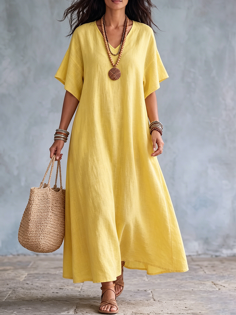Ivessa - Robe longue femme en coton-lin à col V et poches