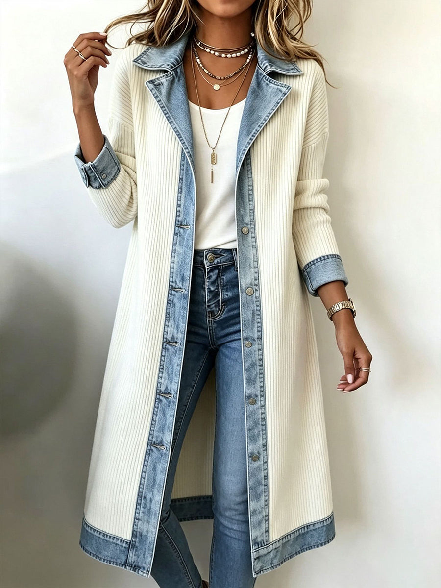 Béryl - Cardigan long femme en maille côtelée avec finitions denim