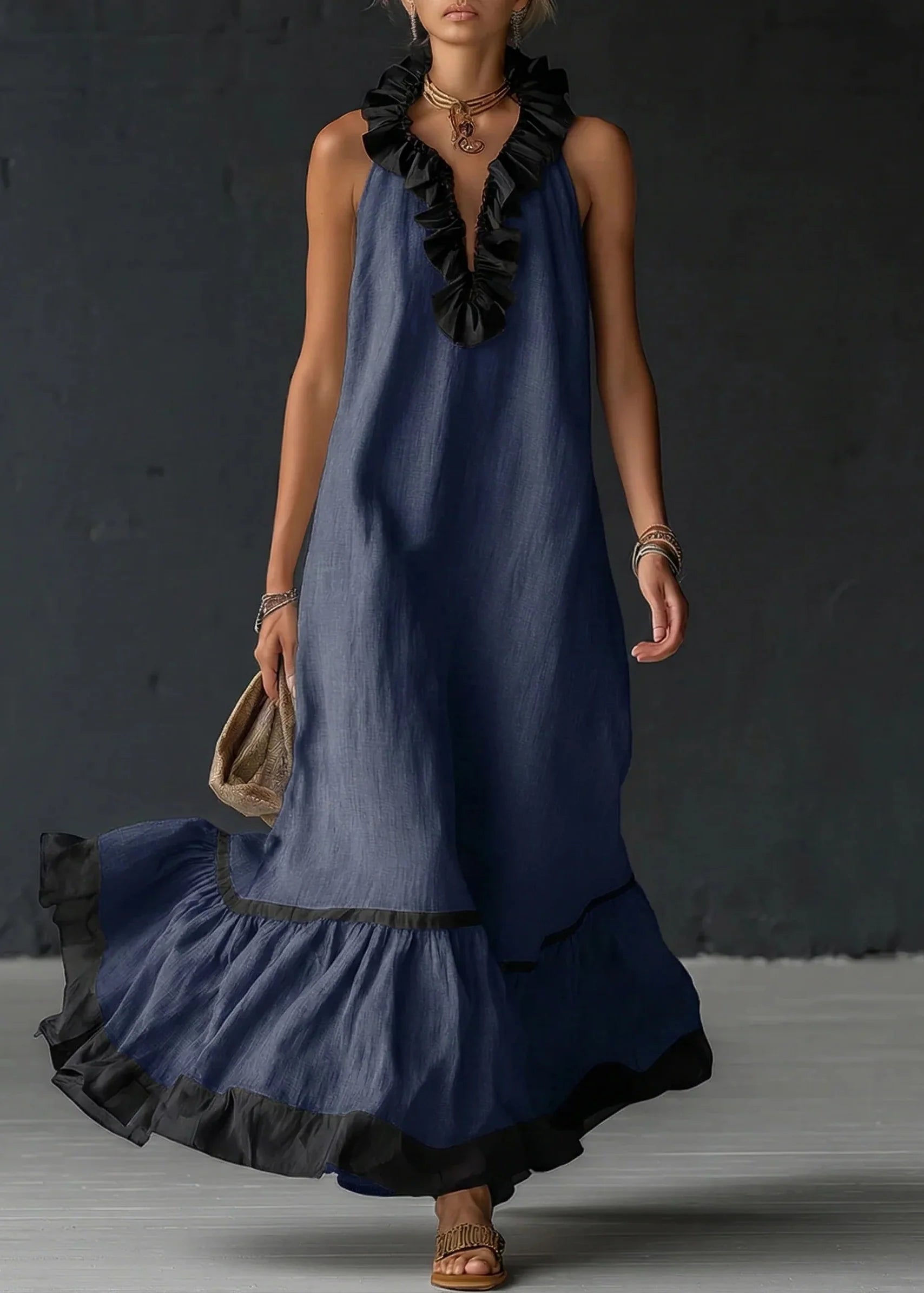 Gracelyn - Robe longue femme fluide avec volants contrastés