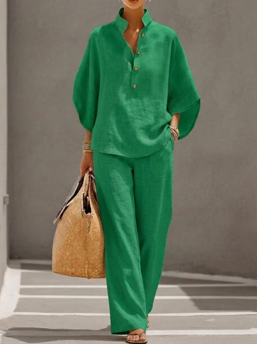 Jovixa™ - Ensemble Fluide Coton Lin Manches Amples & Pantalon Large