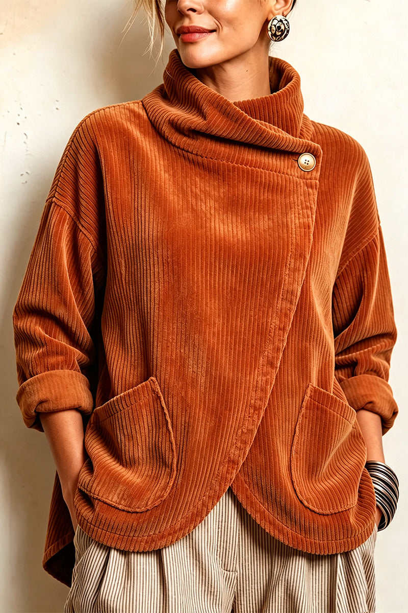 Ysée - Pull femme en velours côtelé à col montant et fermeture asymétrique