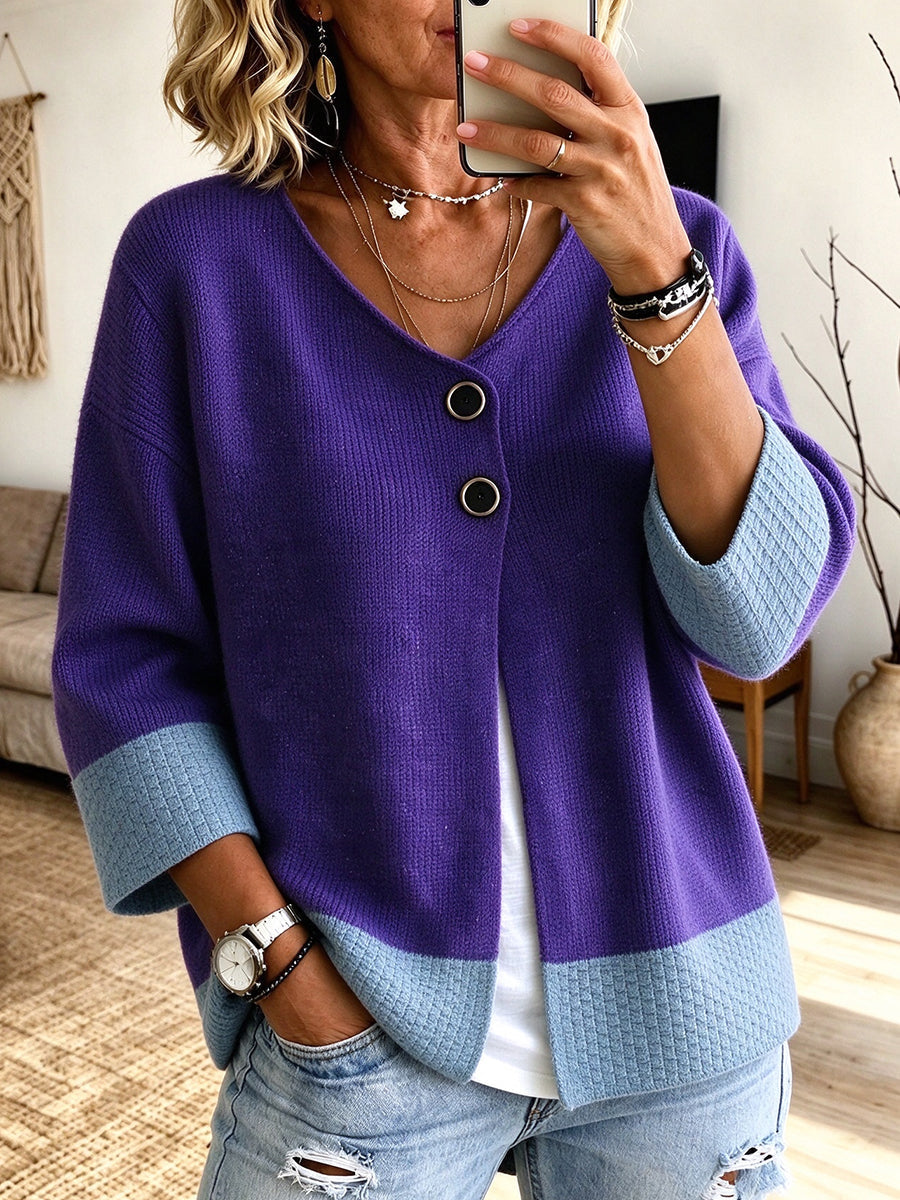 Geerke - Cardigan femme en maille bicolore à col V et boutons décoratifs