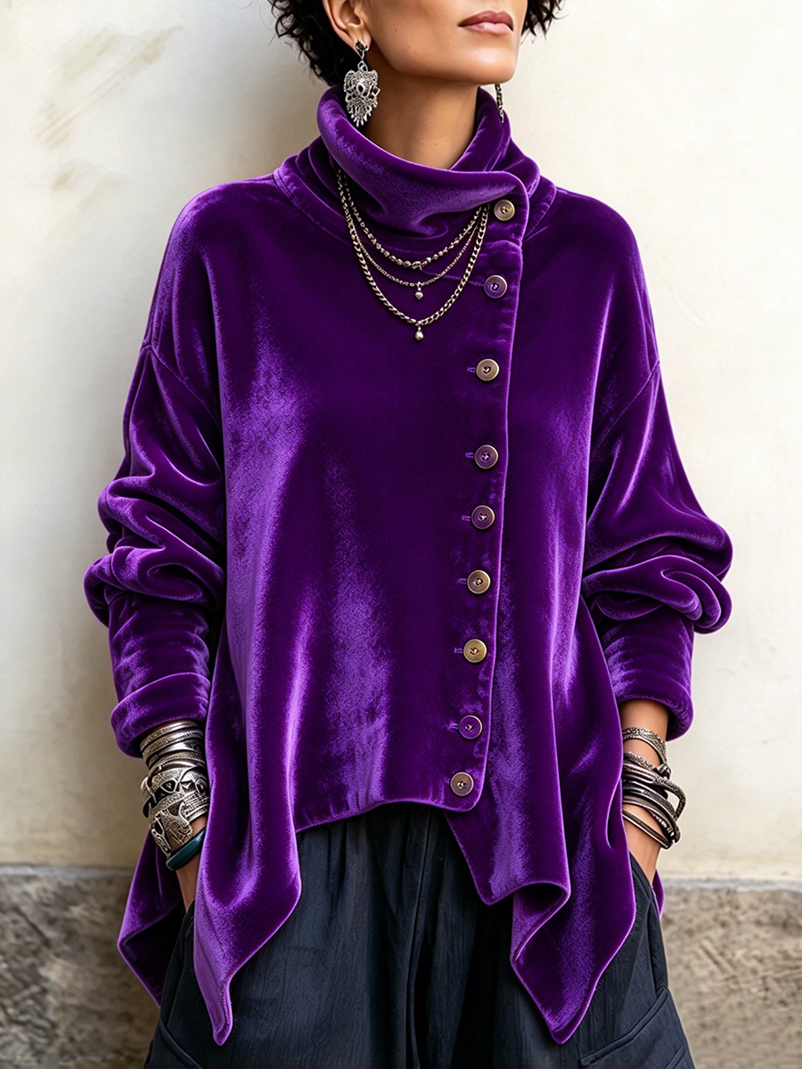 Marga - Top femme en velours à col roulé et coupe asymétrique