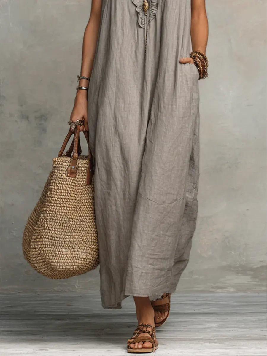 Izzellea™ - Robe Femme Longue Bohème Lin Coton Coupe Fluide Volants Élégants