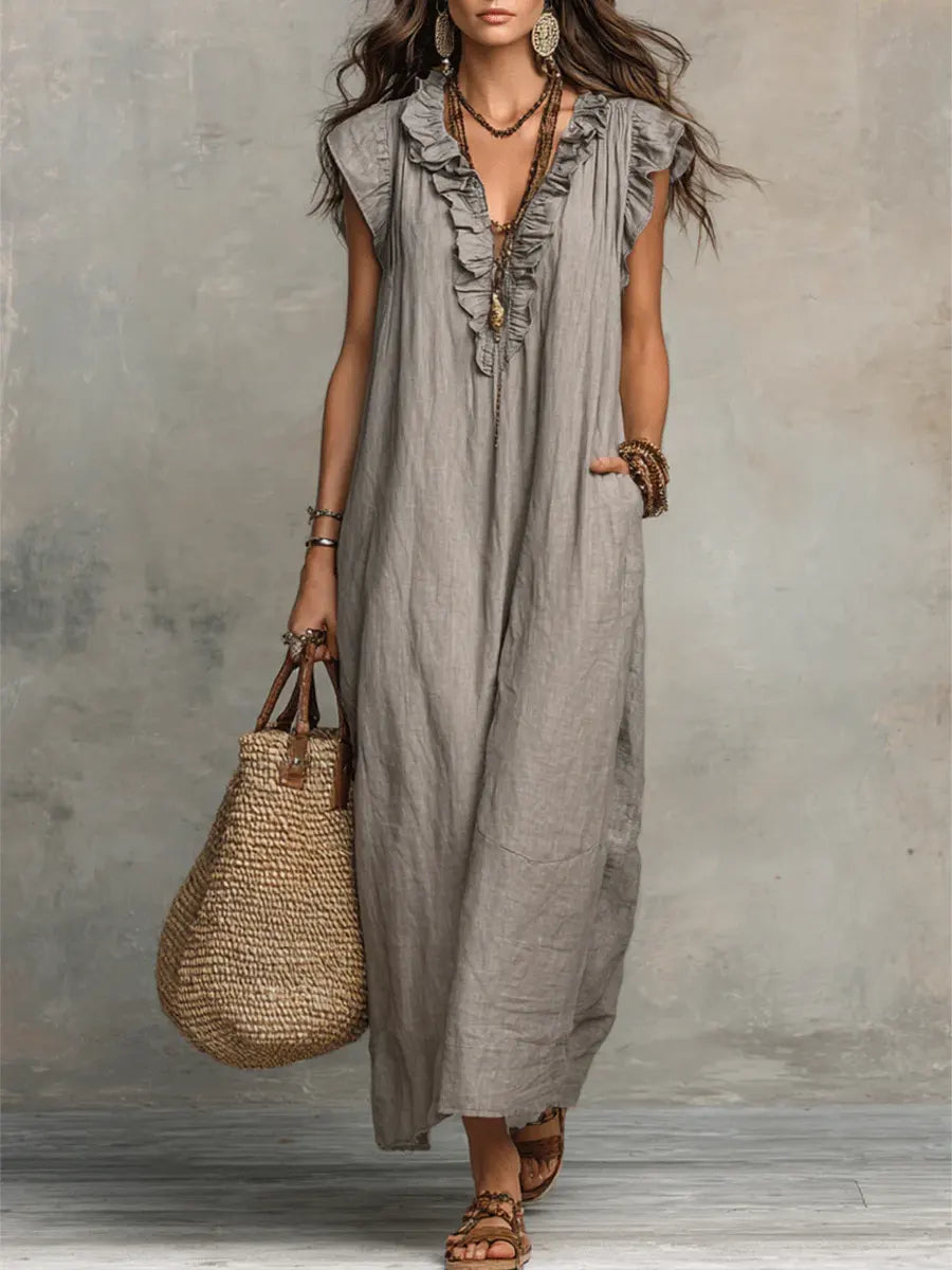 Izzellea™ - Robe Femme Longue Bohème Lin Coton Coupe Fluide Volants Élégants