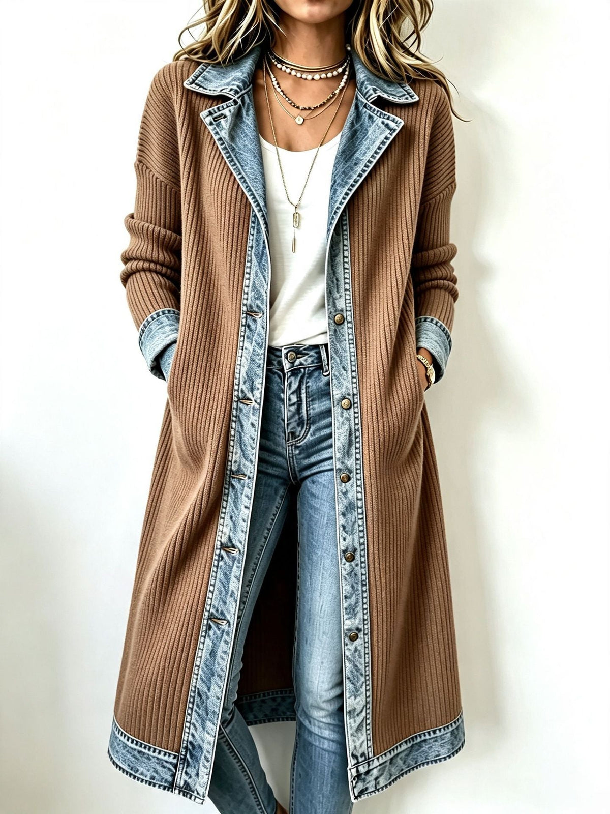 Béryl - Cardigan long femme en maille côtelée avec finitions denim
