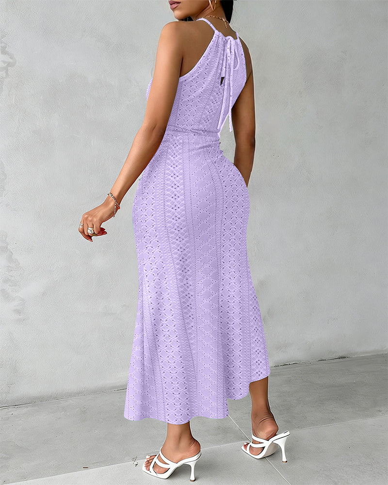 Fynovia™ - Robe midi femme jacquard ajourée col halter élégante fendue