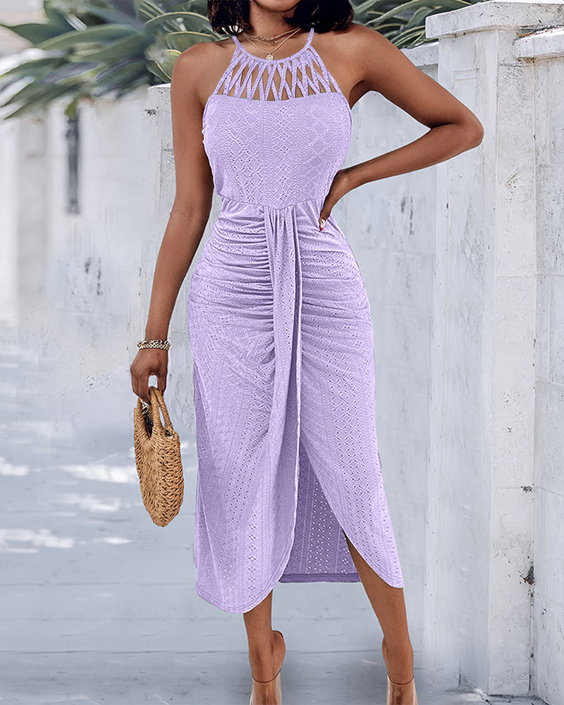 Fynovia™ - Robe midi femme jacquard ajourée col halter élégante fendue