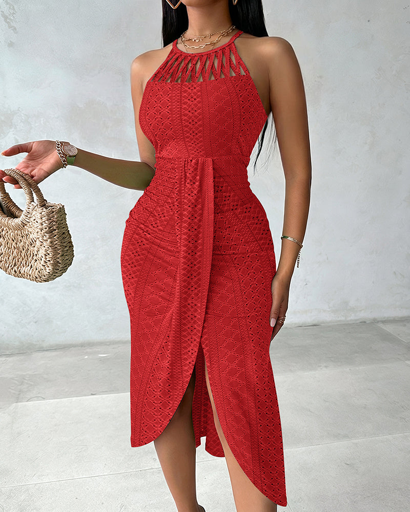 Fynovia™ - Robe midi femme jacquard ajourée col halter élégante fendue