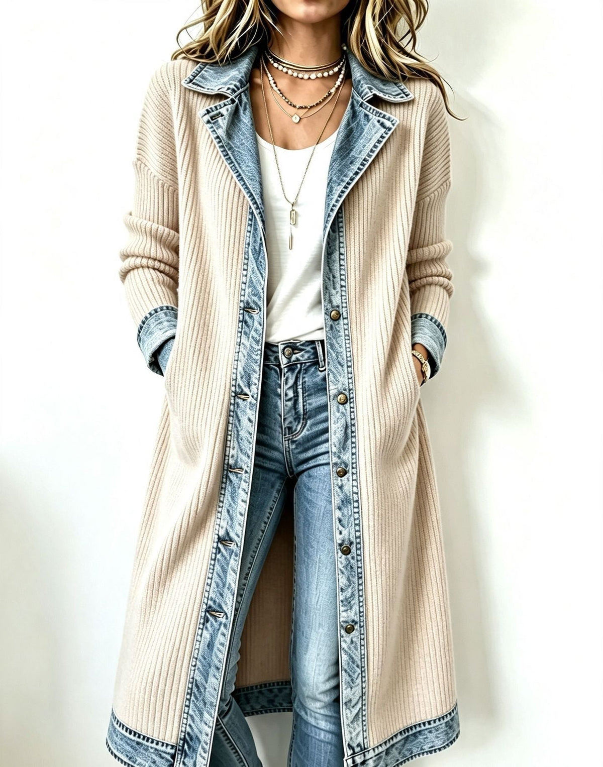 Béryl - Cardigan long femme en maille côtelée avec finitions denim