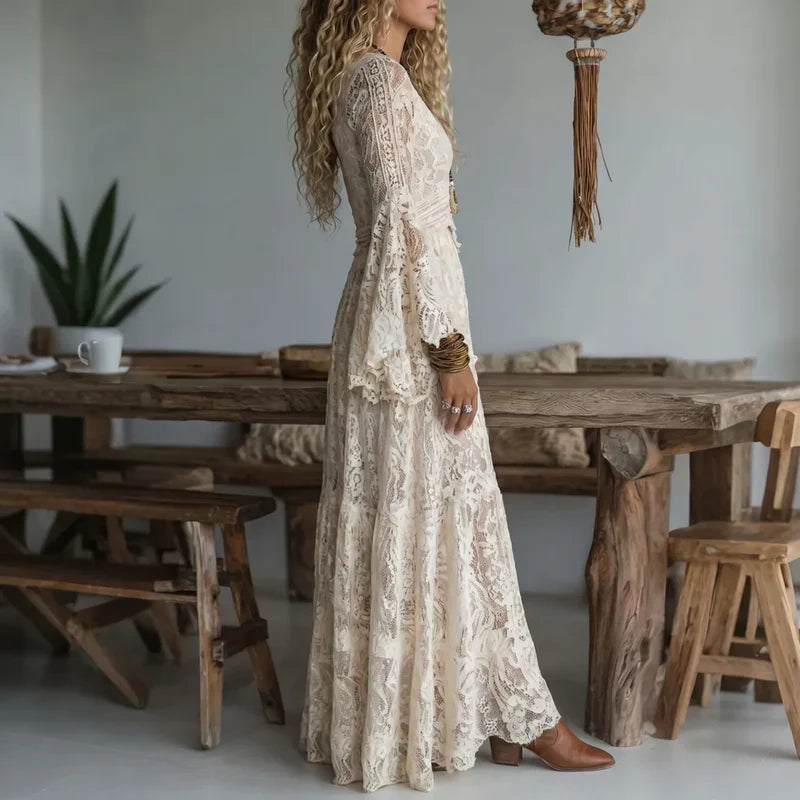 Mireis - Robe longue femme vintage en dentelle coupe sirène