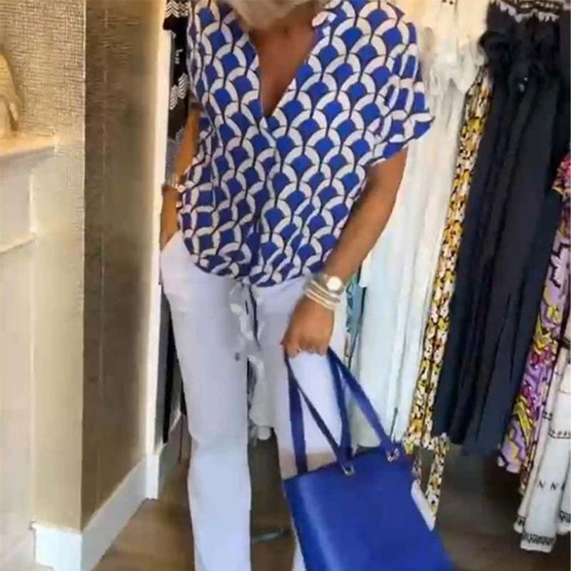 Hana - Haut femme imprimé à col V et manches courtes