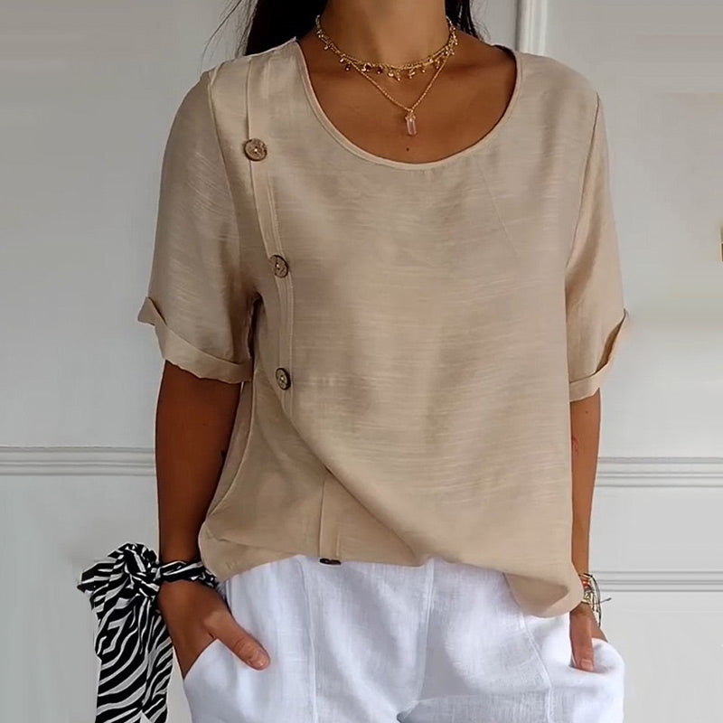 Rovryne™ - Blouse femme lin col rond boutons latéraux coupe ample été