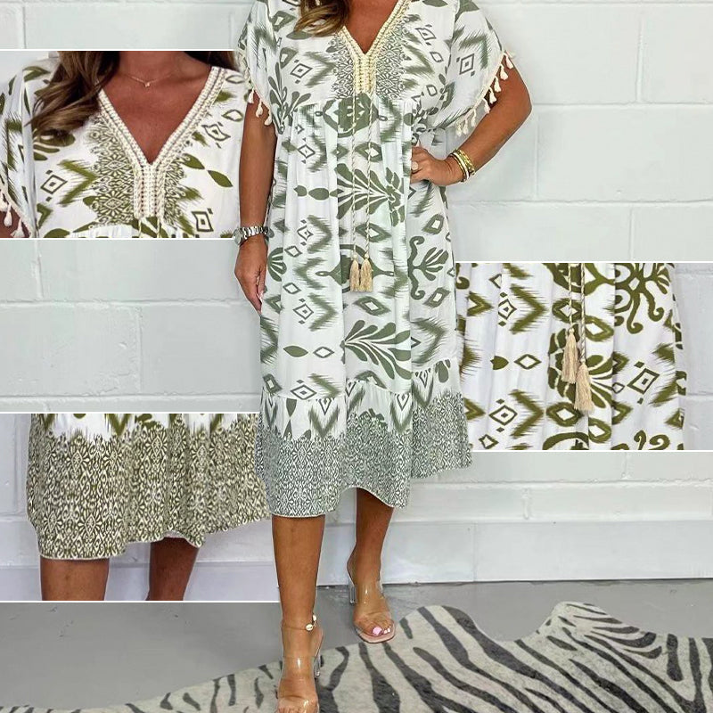 Juline™ - Robe décontractée imprimée avec décolleté en V et franges sur les manches courtes