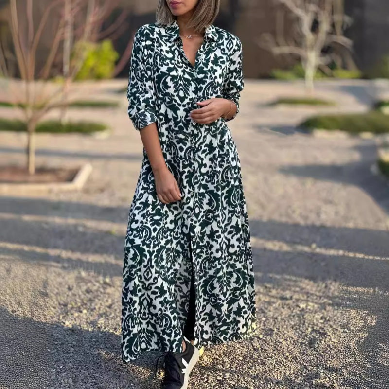Ivonne™ - Robe Longue Fleurie à Manches Longues avec Col Chemise