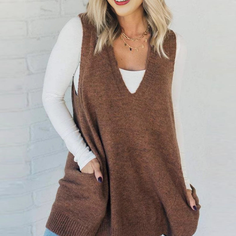 Carole™ - Gilet Tricot Sans Manches avec Poches et Col en V