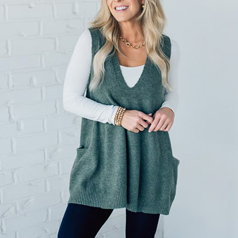 Carole™ - Gilet Tricot Sans Manches avec Poches et Col en V