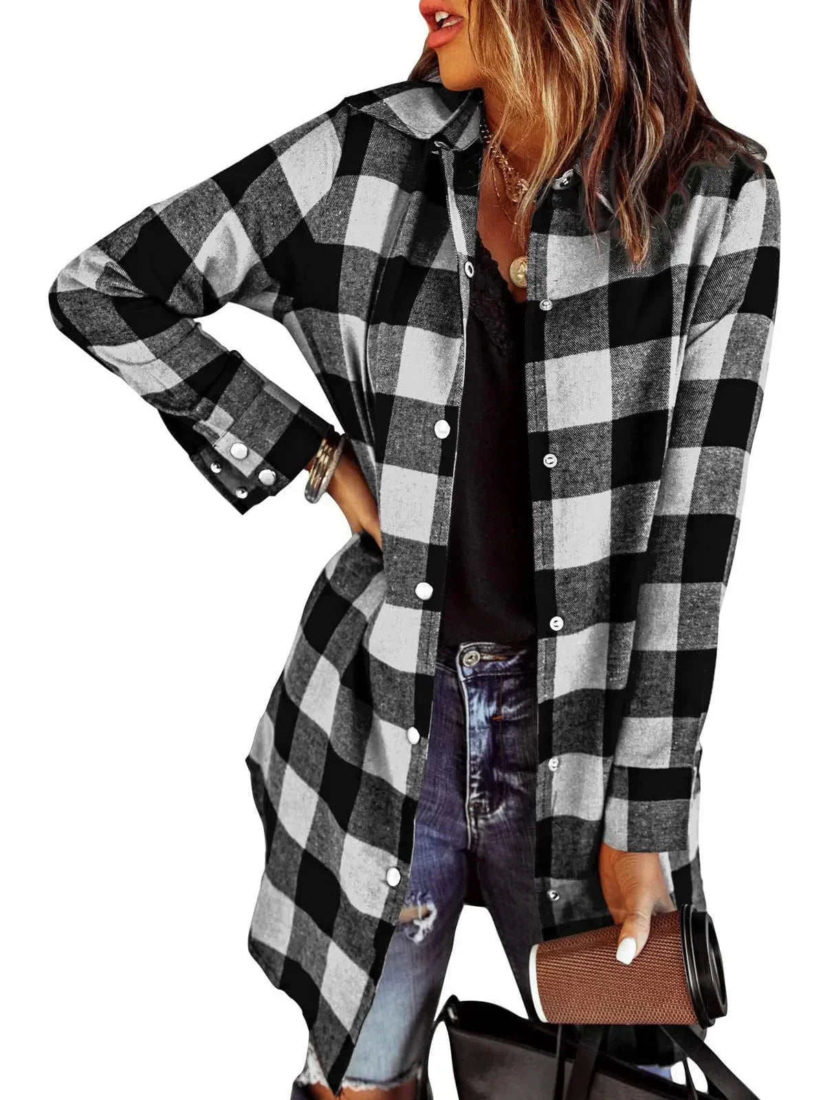 Larissa™ - Veste Chemise Longue à Carreaux Élégante