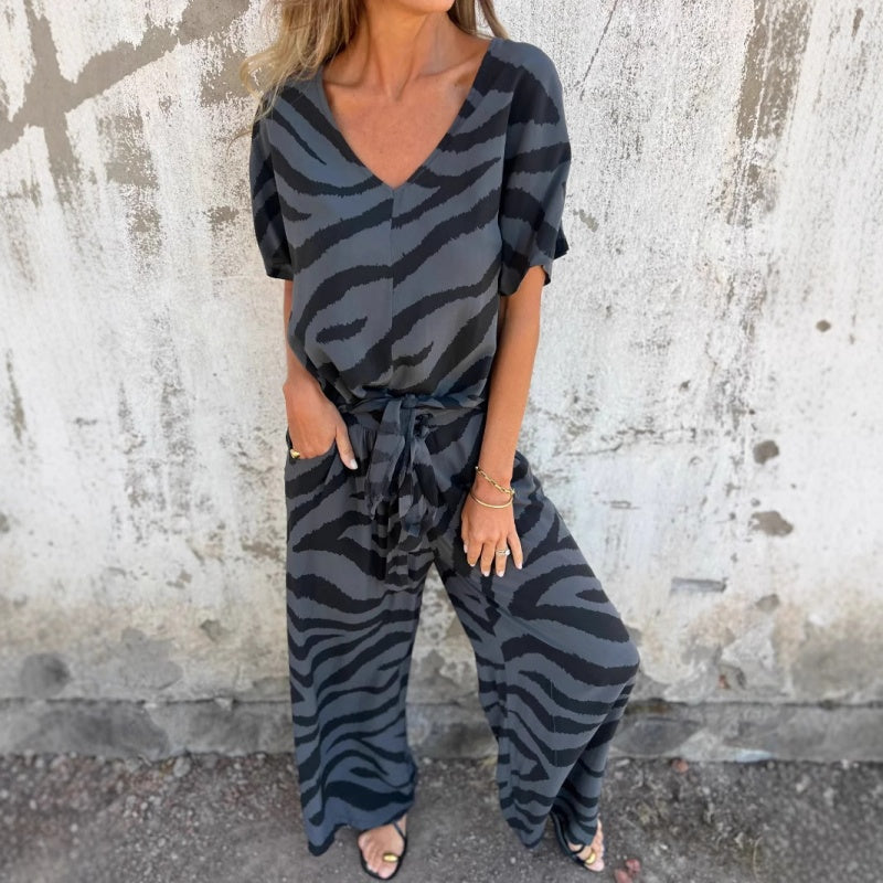 Alina™ - Ensemble top et pantalon à col en V imprimé zèbre
