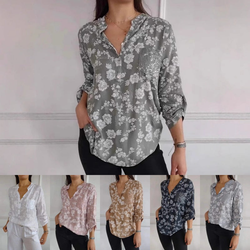 Avice™ - Blouse Florale à Manches Longues & Poche Scintillante