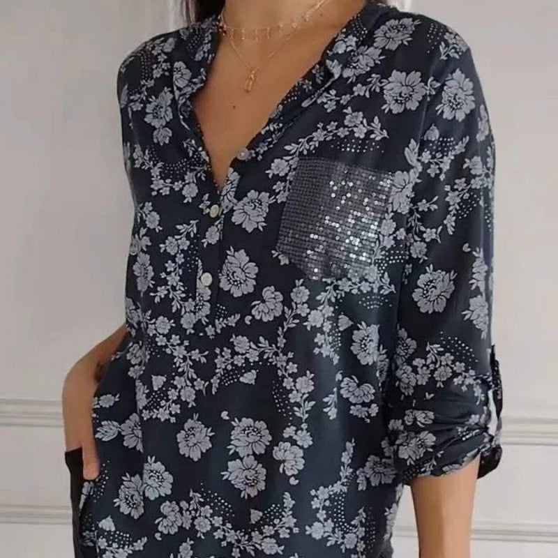 Avice™ - Blouse Florale à Manches Longues & Poche Scintillante