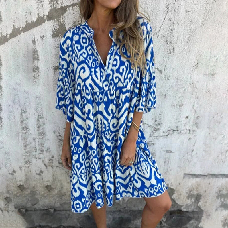 Astrid™ - Robe à Col V et Manches Trois-Quarts Imprimées