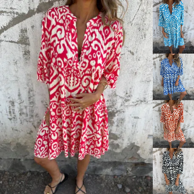 Astrid™ - Robe à Col V et Manches Trois-Quarts Imprimées