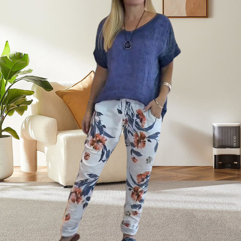 Evangeline™ - Ensemble 2 Pièces Femme – Blouse Unie et Pantalon Décontracté à Imprimé Floral