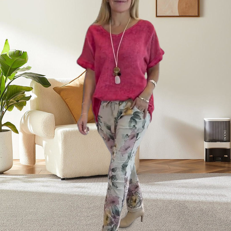 Evangeline™ - Ensemble 2 Pièces Femme – Blouse Unie et Pantalon Décontracté à Imprimé Floral