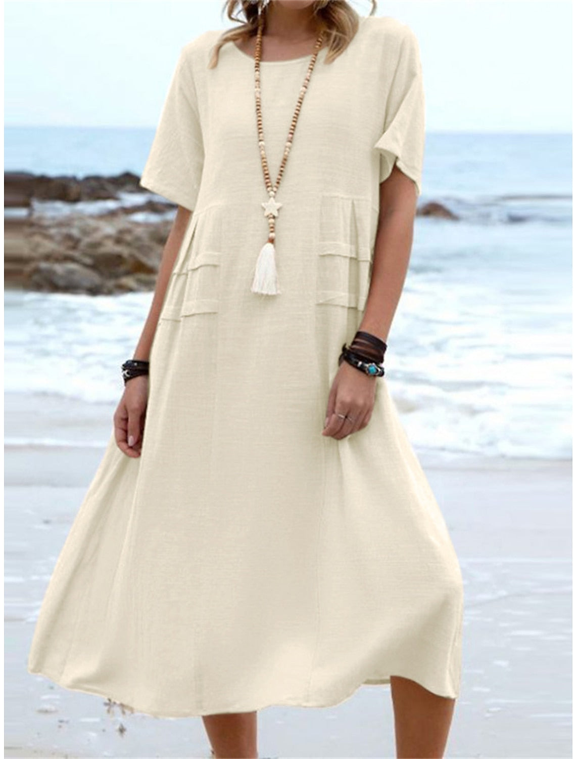 Oriana™ - Robe Midi en Coton et Lin à Col Rond