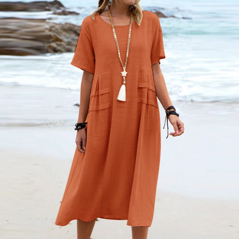Oriana™ - Robe Midi en Coton et Lin à Col Rond