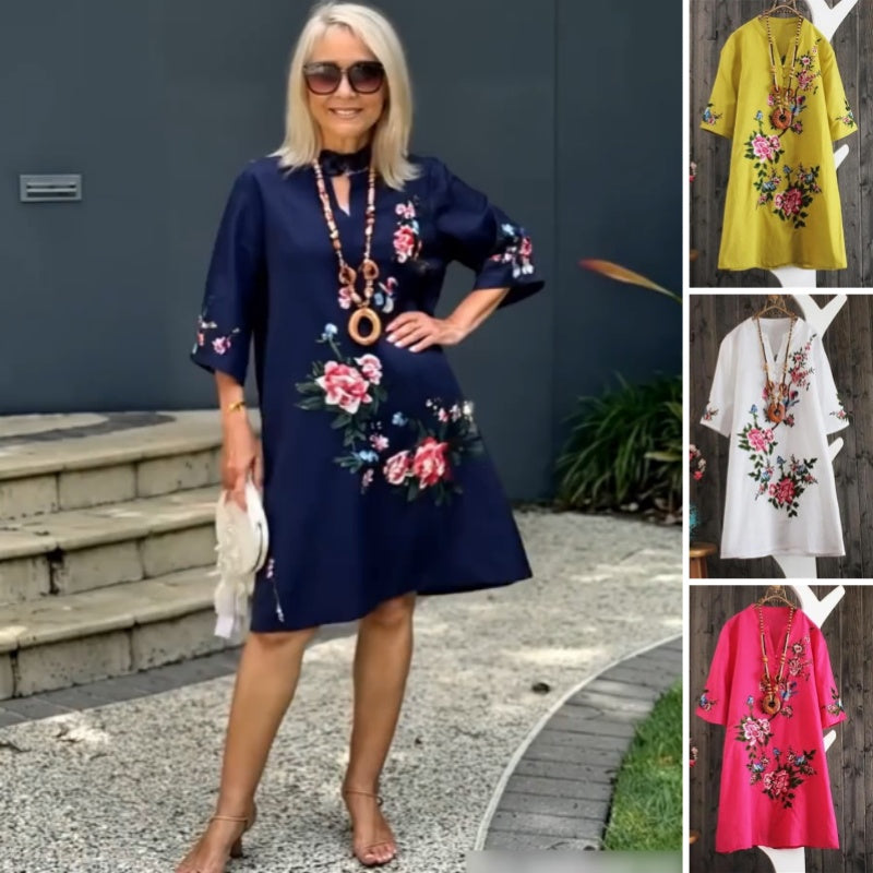 Yolanda™ - Robe Ample Fleurie en Coton et Lin avec Col V