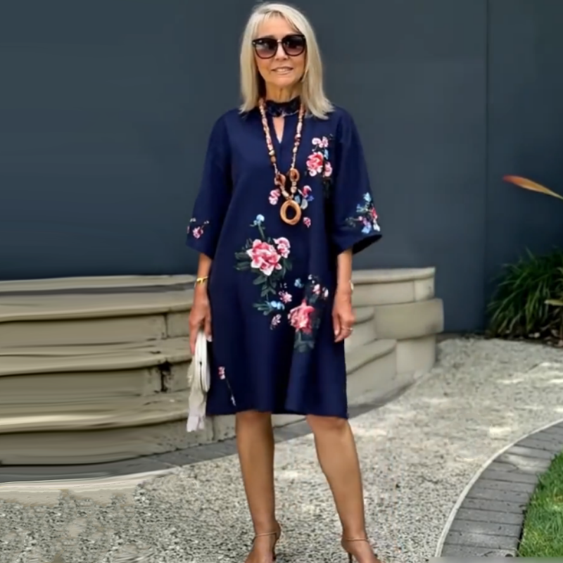 Yolanda™ - Robe Ample Fleurie en Coton et Lin avec Col V