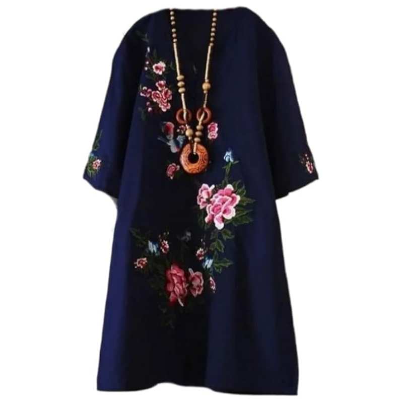 Yolanda™ - Robe Ample Fleurie en Coton et Lin avec Col V