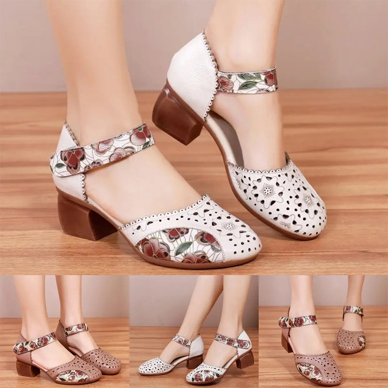 Sylvexa™ - Chaussures femme talon bloc cuir ajouré bride velcro floral
