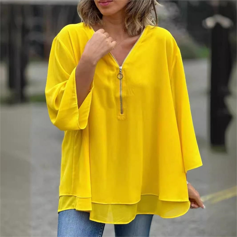 Quorina™ - Blouse Femme en Chiffon Col V Zippé Manches 3/4 Fluide Élégante
