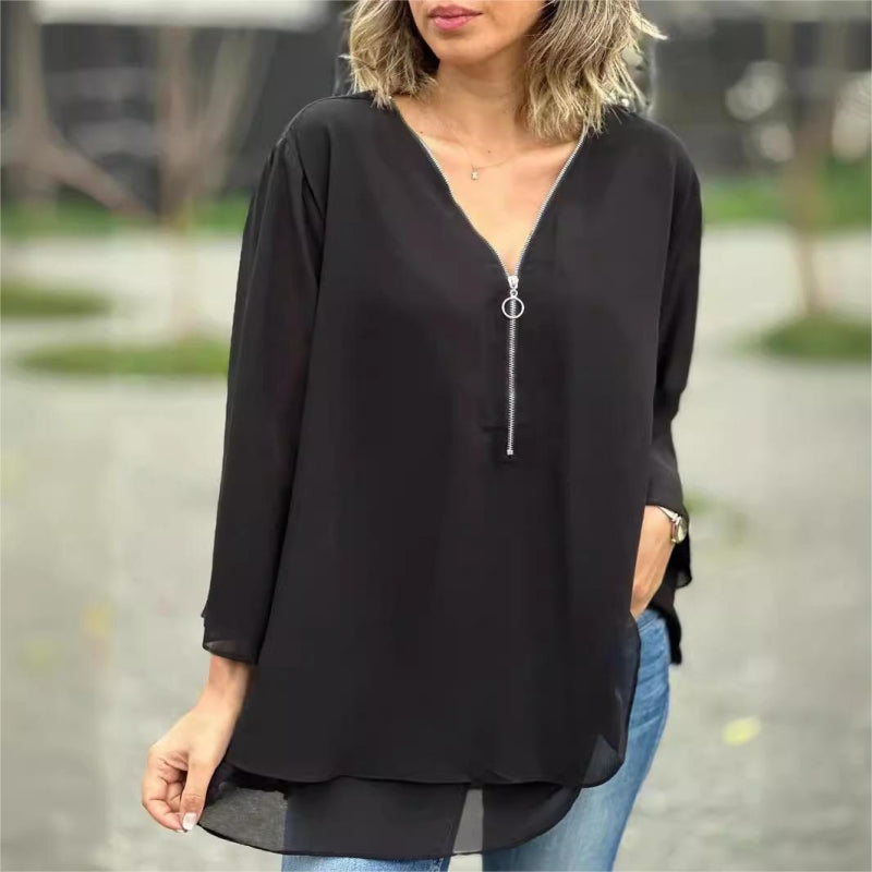 Quorina™ - Blouse Femme en Chiffon Col V Zippé Manches 3/4 Fluide Élégante