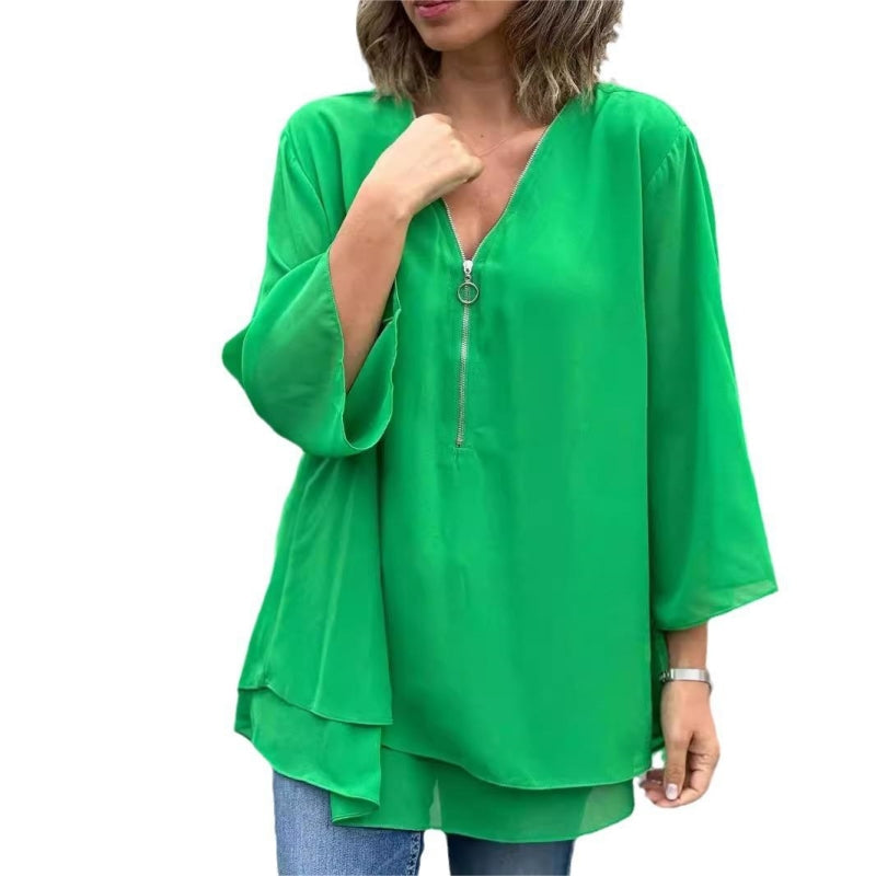 Quorina™ - Blouse Femme en Chiffon Col V Zippé Manches 3/4 Fluide Élégante